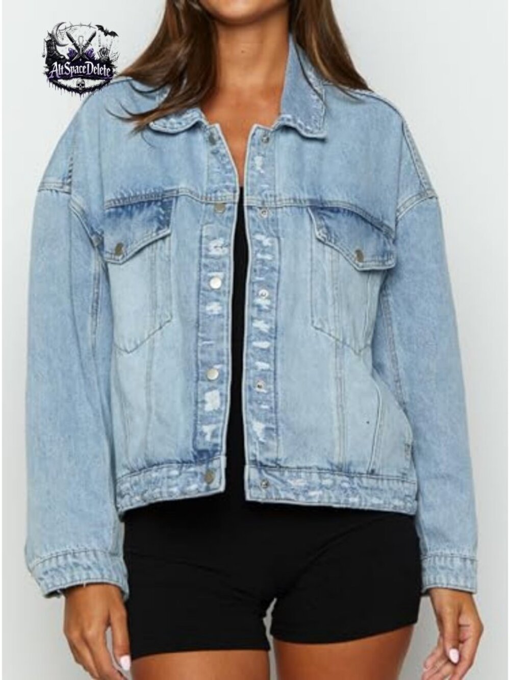 Oversized Distressed Denim Jacket with Four Pockets and Button Closure - Picture 2 of 5